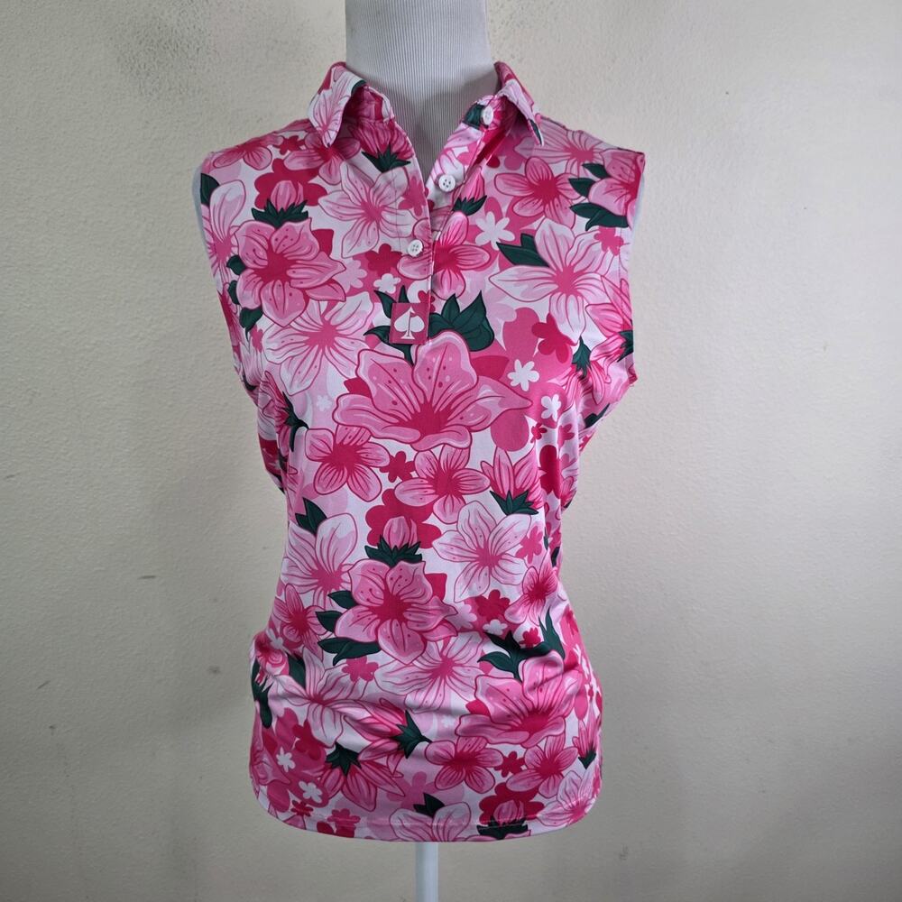 Pins & Aces Augusta Azaleas Sleeveless Polo Golf Shirt Size Small Pink Green - Picture 2 of 8